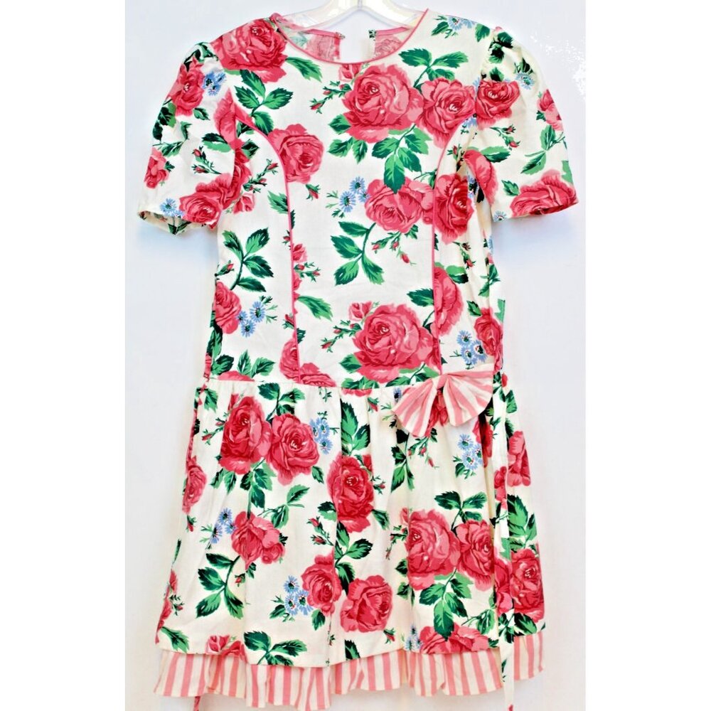 Vtg 90s Rose Cottage Drop Waist Girls Dress Sz 14 Cabbage Roses Layered Skirt